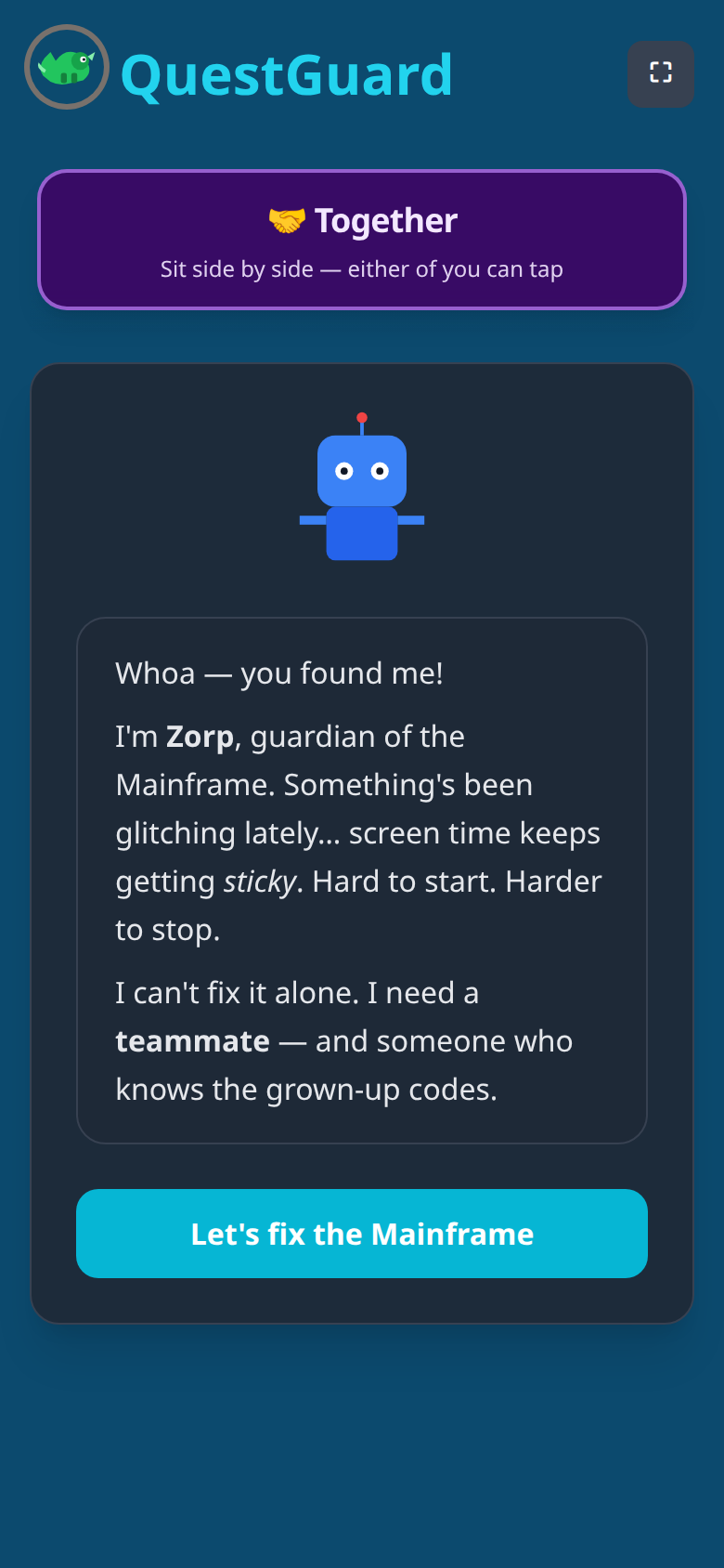 QuestGuard onboarding screen where parent and child meet companion Zorp and start together