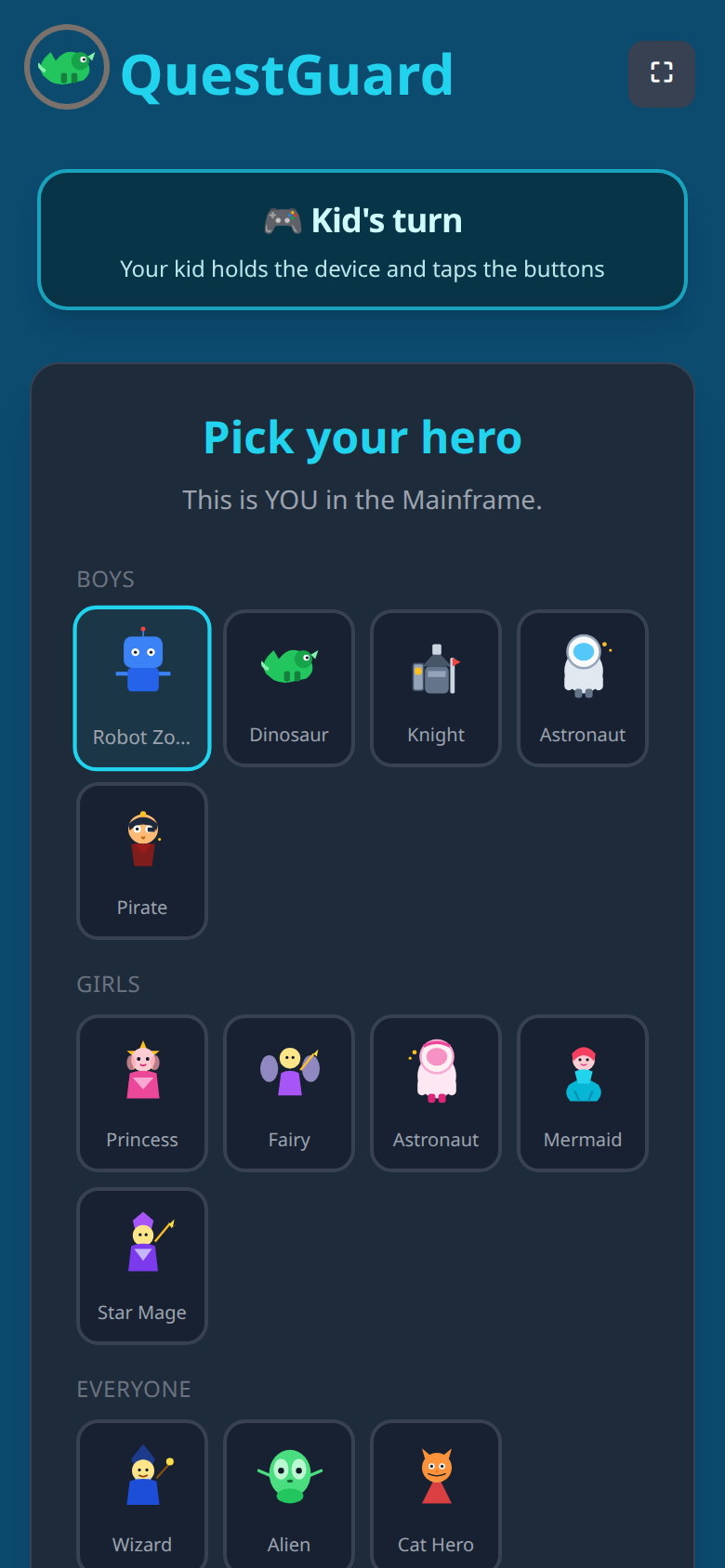 QuestGuard kid's turn screen for picking their own hero character
