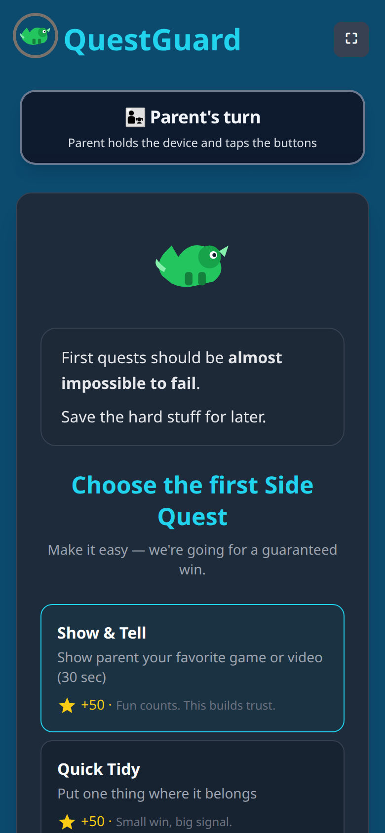 QuestGuard parent's turn screen for choosing an easy first side quest